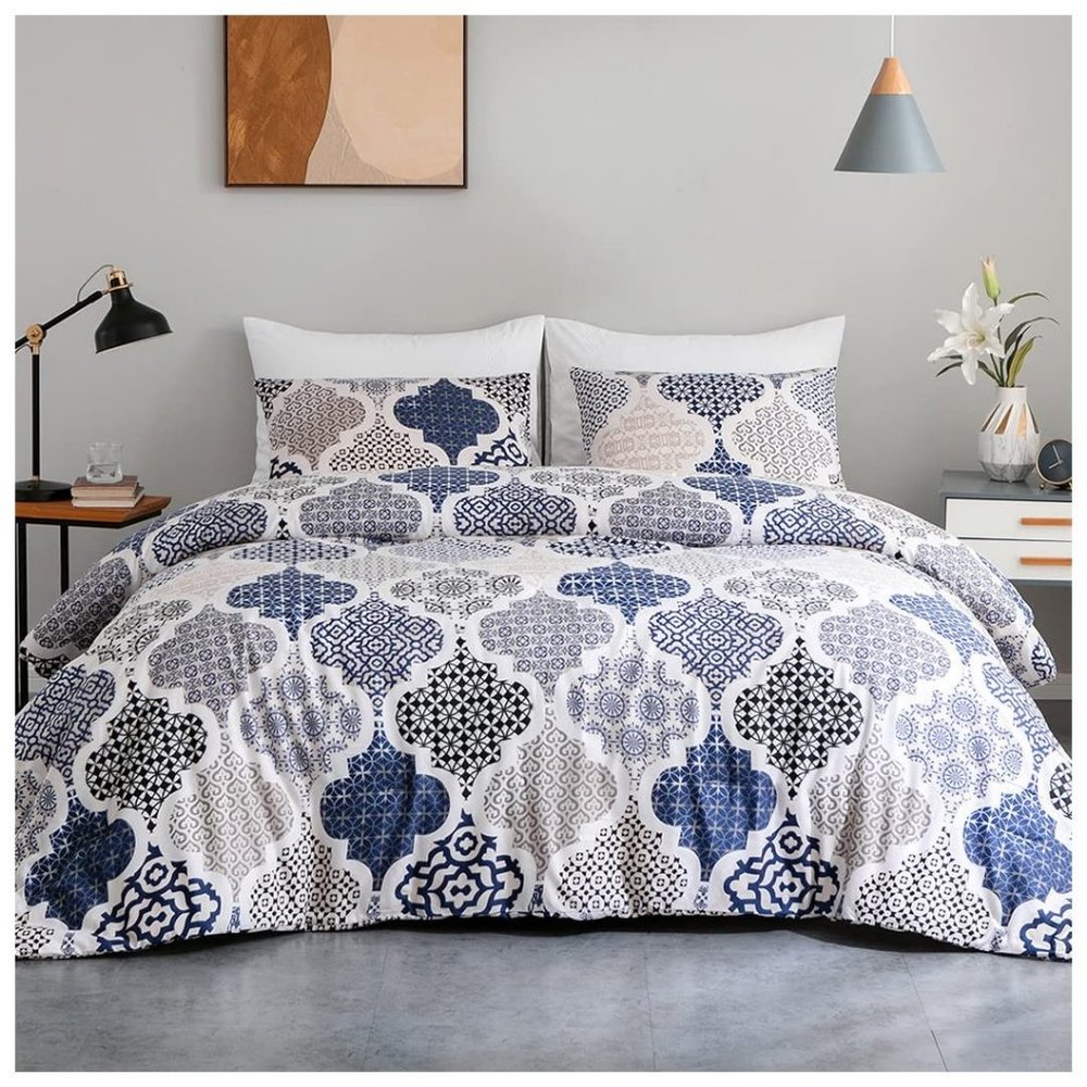 3 Piece Navy White Bedding Duvet Cover Set with Zipper Navy White